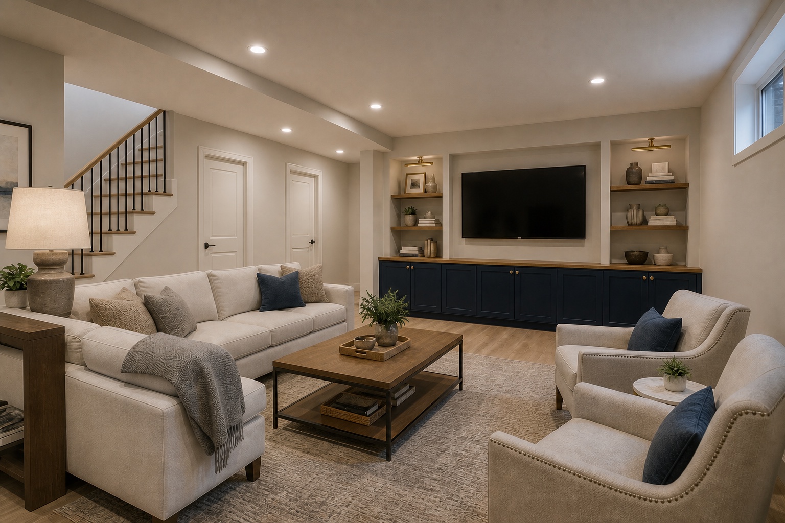 Illustrative basement family room with comfortable seating, navy built-in storage, warm oak, and layered lighting.