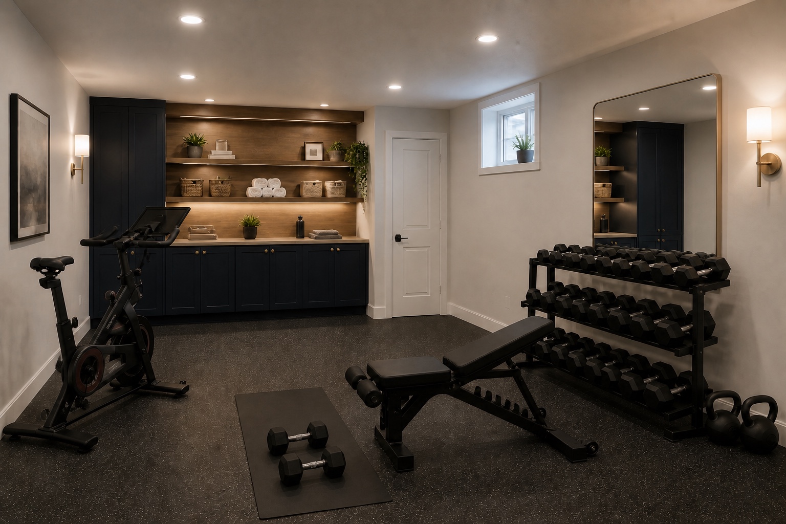 Illustrative basement fitness room with an adjustable bench, dumbbells, a stationary bike, open mat space, and navy storage.