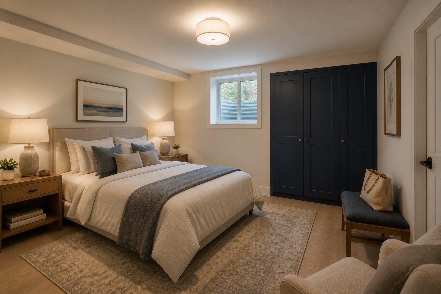 Illustrative basement guest room with a queen bed, navy wardrobe, warm bedside lighting, and a galvanized egress window well.