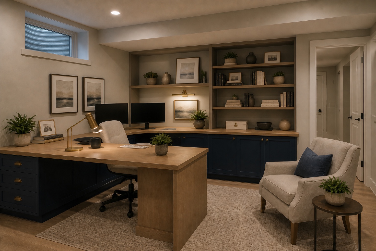 Illustrative basement home office with an oak work surface, navy built-ins, organized shelving, and warm task lighting.
