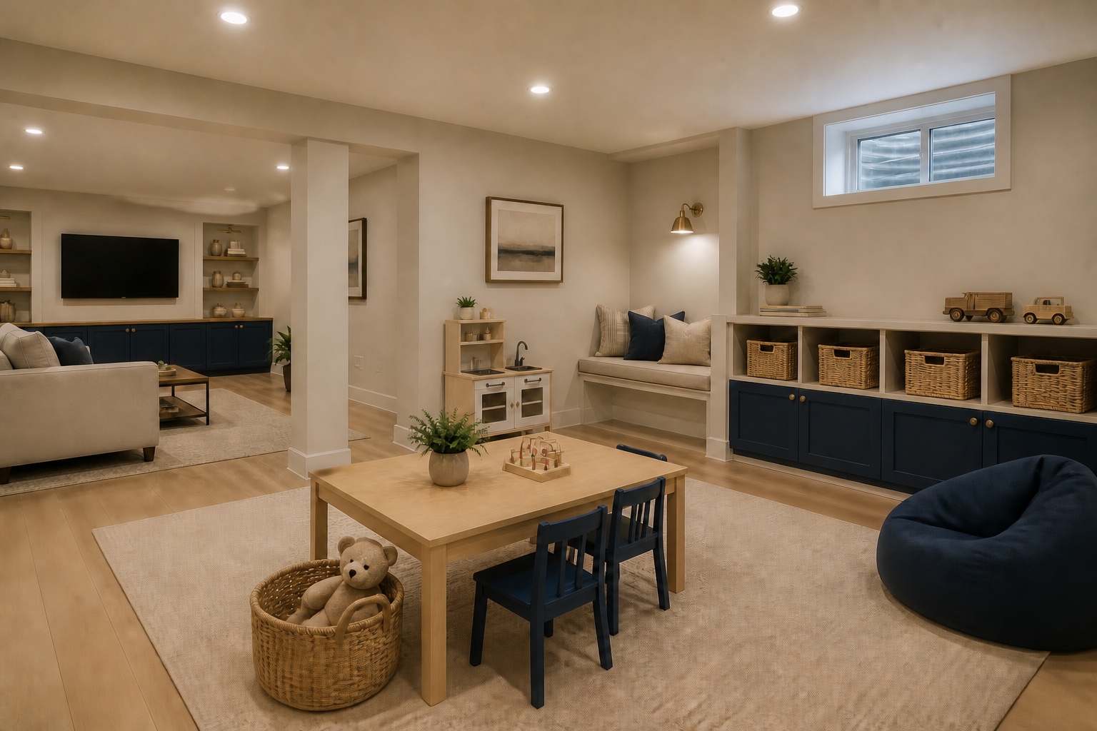 Illustrative basement playroom with an activity table, low navy storage, woven baskets, a reading nook, and open floor space.